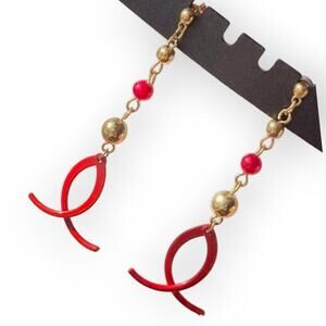 Red and gold tone fish earrings, post backs